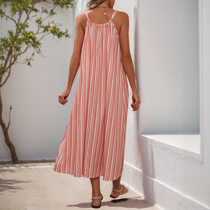 Damen Maxikleid mit zartem Bindegürtel und eleganten Streifen Drune