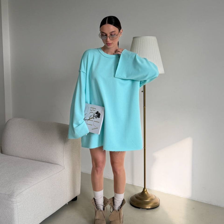 Damen oversized Sweatshirt-Kleid mit ausgefranstem Saum und weiten Glockenärmeln Drune