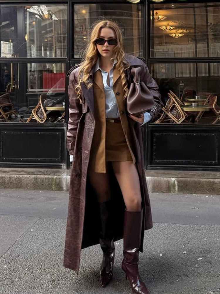 Damen Langer Trenchcoat aus Lederimitat mit Oversize-Schultern und taillierter Silhouette Drune