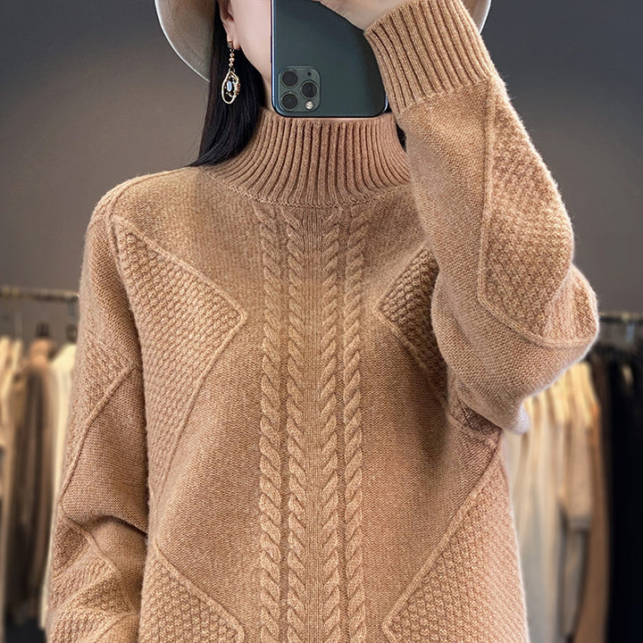 Damen Weicher Zopfstrick-Mockneckpullover mit Strukturpatches und flauschiger Mohair-Optik Drune