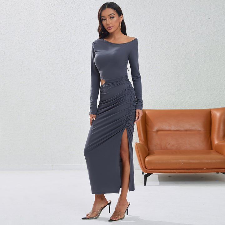 Damen eng anliegendes Maxikleid mit langem Arm seitlichem Cut-Out geraffter Hüfte und hohem Beinschlitz Drune
