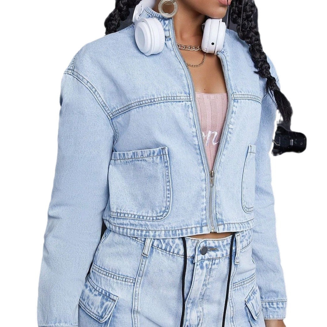 Damen Cropped-Denim-Set bestehend aus kurzer Jeansjacke und High-Waist Cargo-Jeans Drune