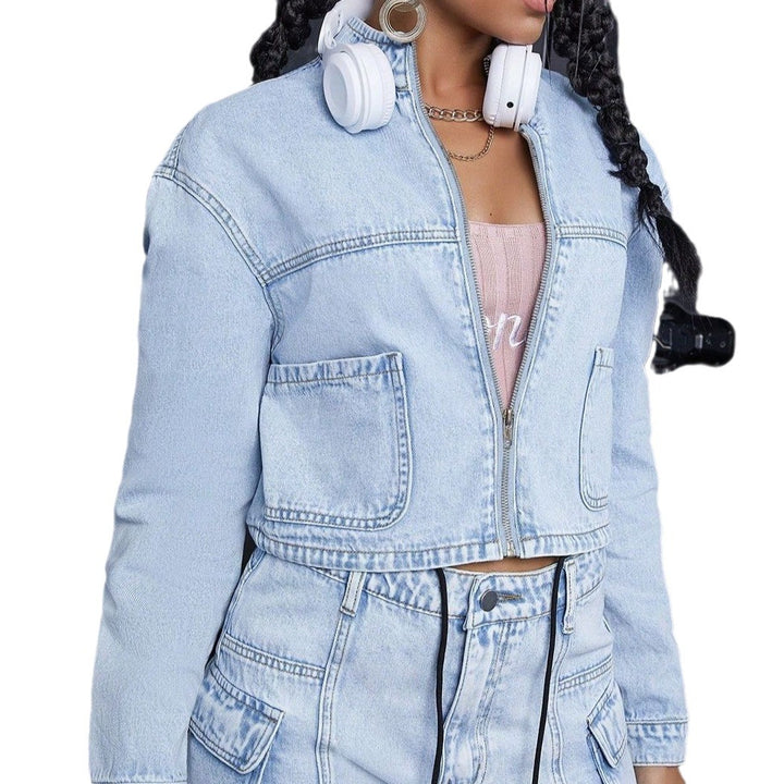 Damen Cropped-Denim-Set bestehend aus kurzer Jeansjacke und High-Waist Cargo-Jeans Drune