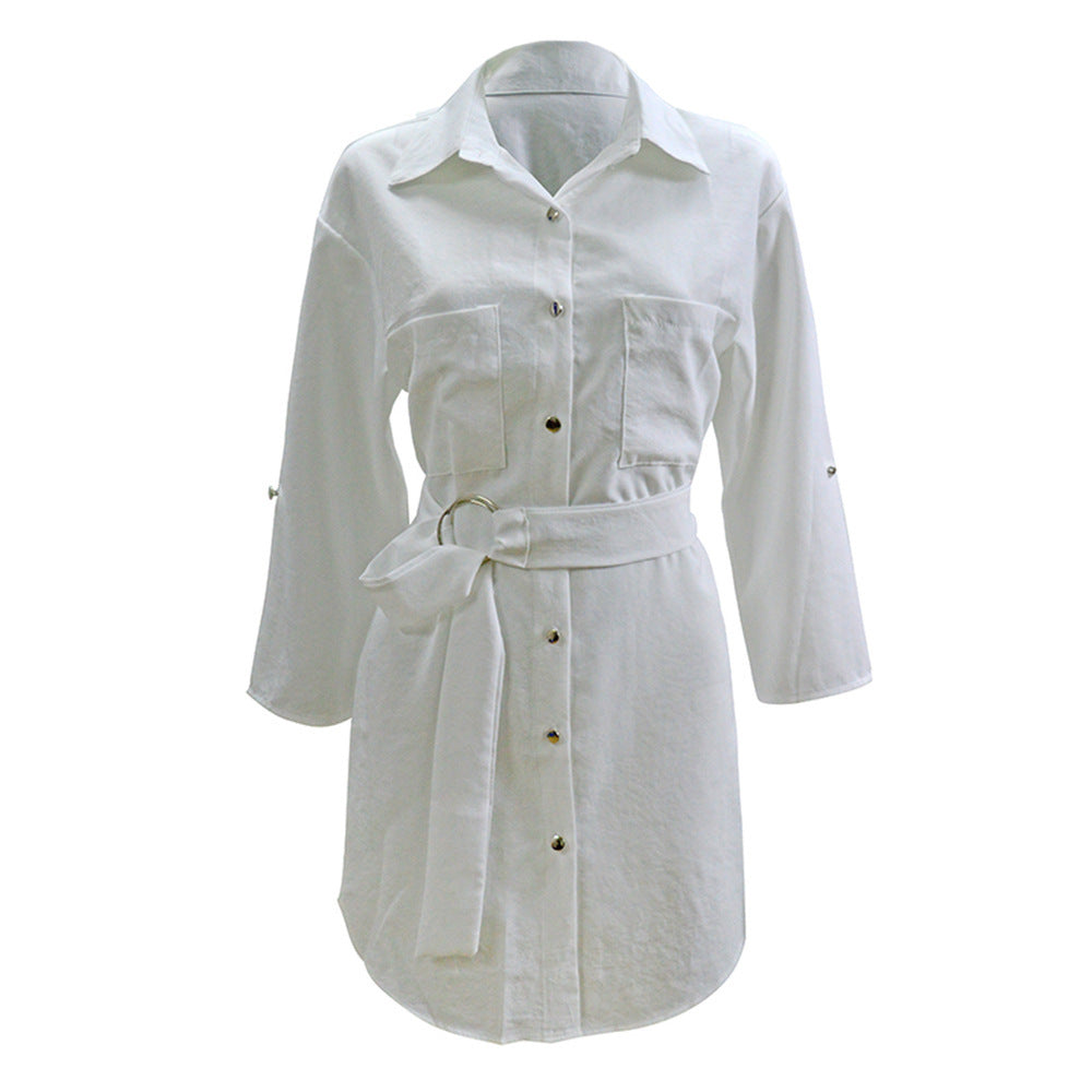 Damen Hemdkleid mit modischem Gürtel und eleganter Knopfleiste Drune