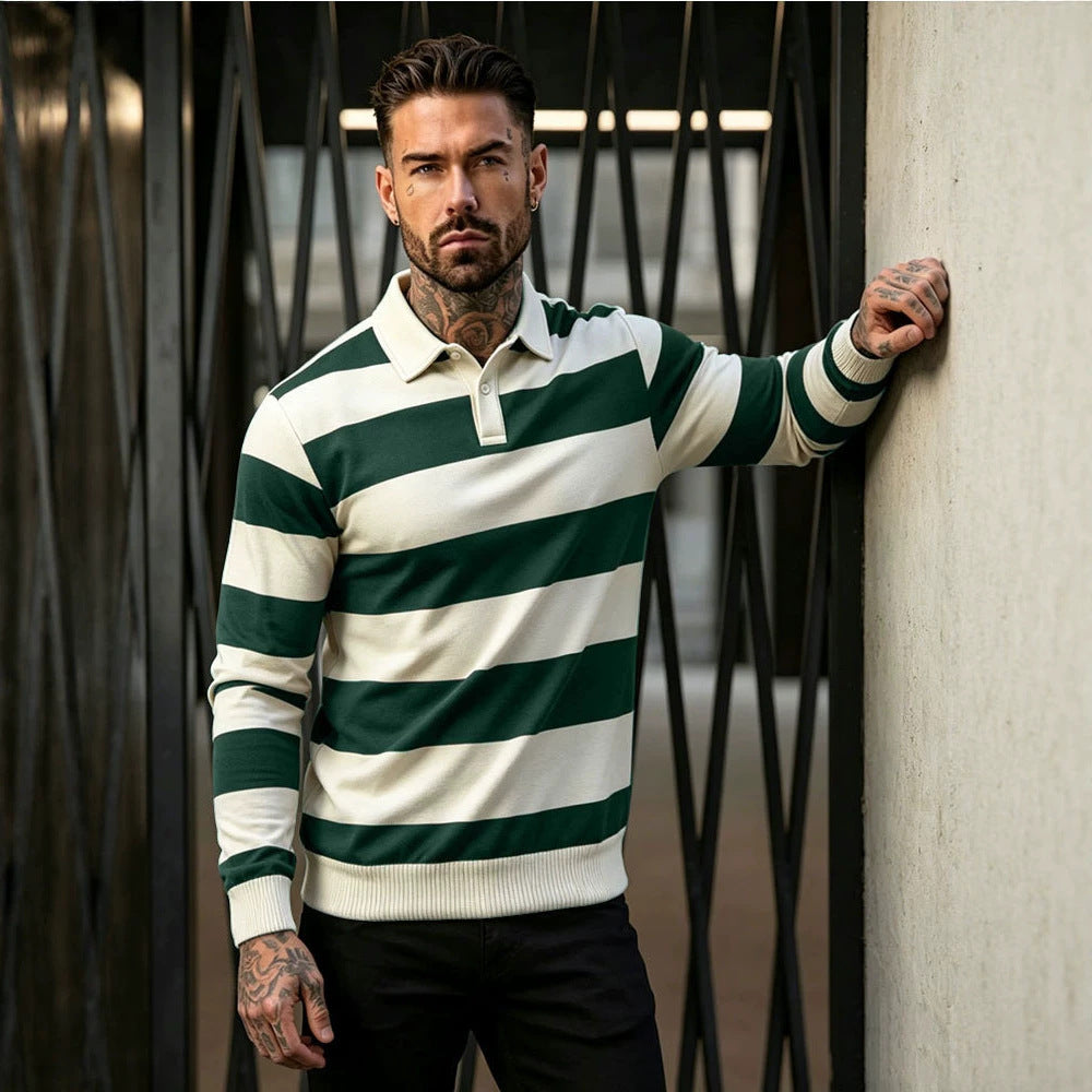 Herren gestreifter Rugby-Polo-Pullover mit Knopfleiste und Rippbündchen Drune