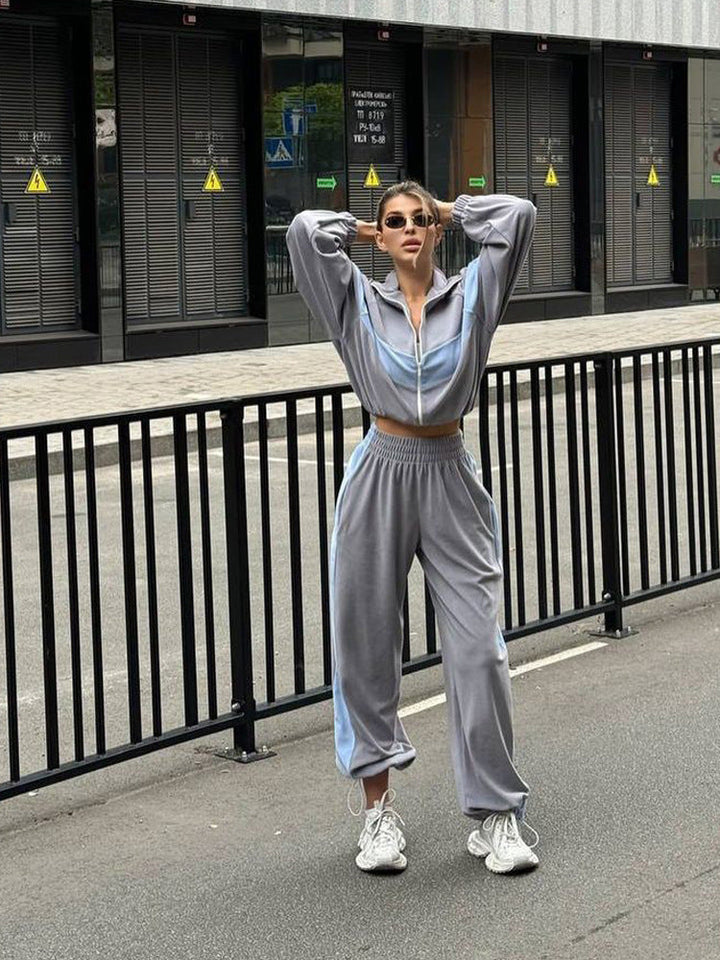 Damen sportliches Fleece-Set mit Reißverschluss und kontrastierenden Seiteneinsätzen Drune