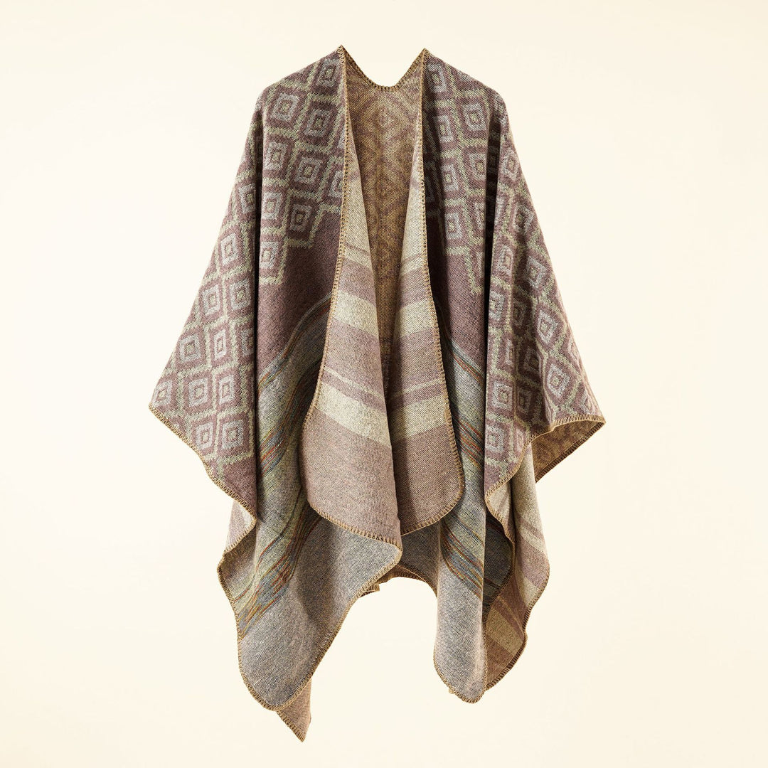 Damen Wollmix-Cape mit reversibler Double-Face-Webung und geometrischem Blockmuster Drune