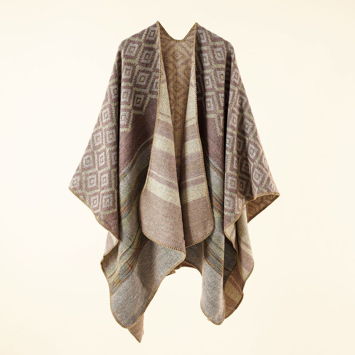 Damen Wollmix-Cape mit reversibler Double-Face-Webung und geometrischem Blockmuster Drune