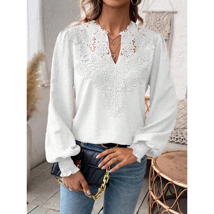 Damen Bluse mit gesticktem V-Ausschnitt und langen Ärmeln Drune