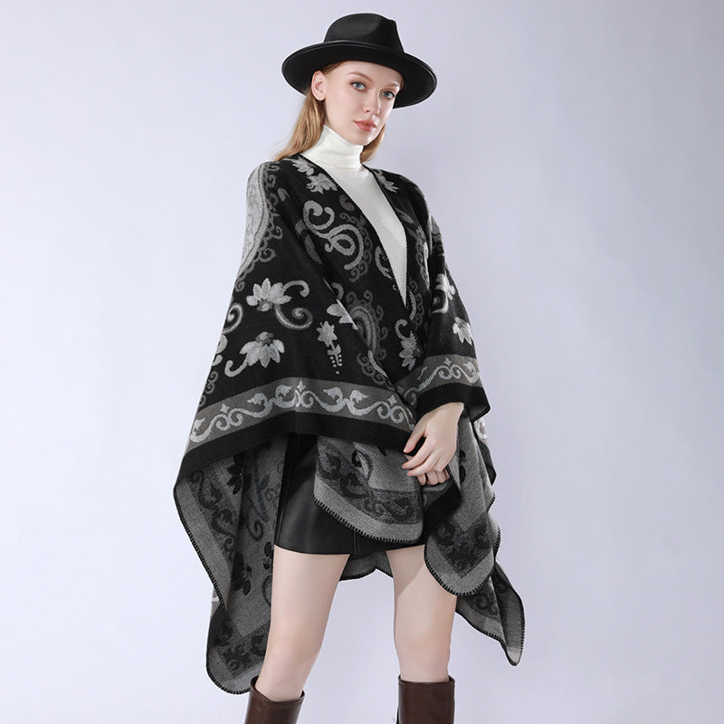 Damen Wollmix-Poncho-Umhang mit Paisley-Jacquard und Ziernaht Drune