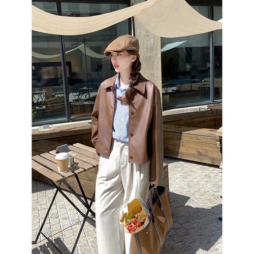 Damen Kurze Boxy-Lederjacke mit Hemdkragen Drune