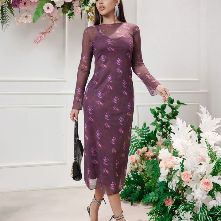 Damen Figurbetontes Midi-Kleid mit transparentem Mesh-Overlay Drune