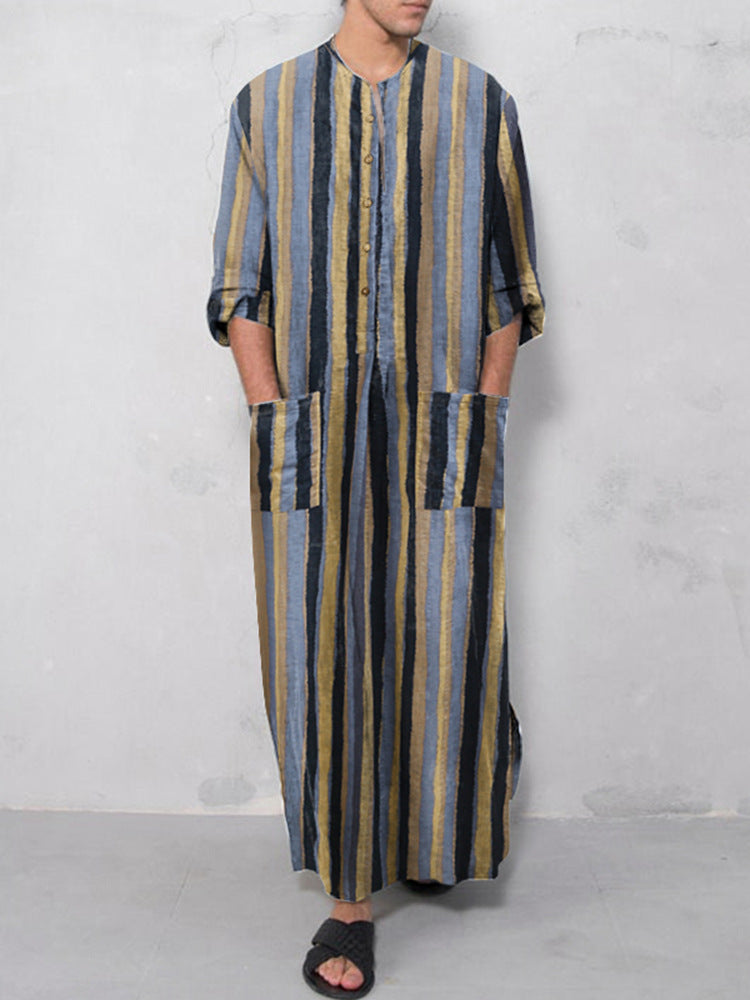Herren nan lockerer Kaftan aus Leinenmischung mit Knopfleiste und aufgesetzten Taschen Drune