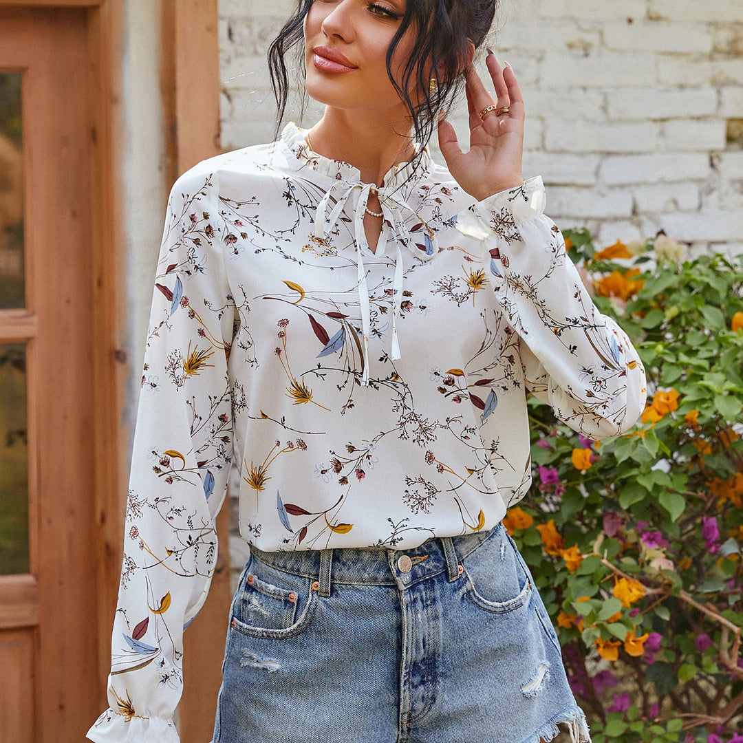 Damen Leichte Chiffon-Bluse mit Volantkragen, Krawattenverschluss und floralem Print Drune