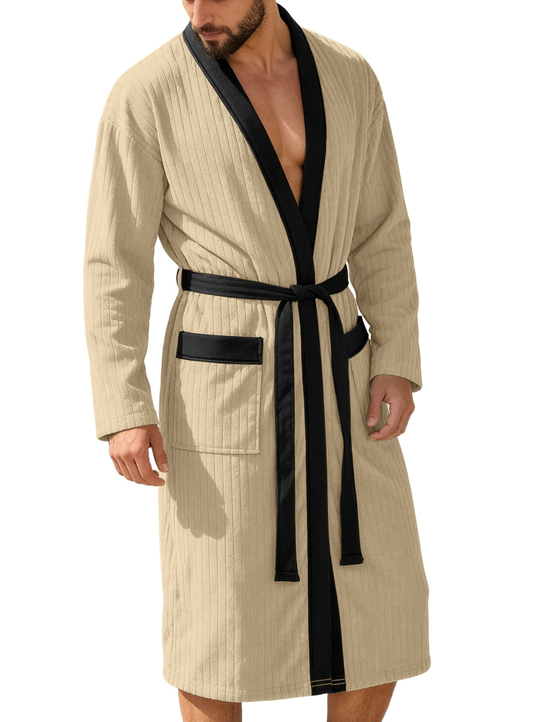 Herren nan wadenlanger Rippen-Bademantel im Kimono-Stil mit Schalkragen und Kontrastpaspel Drune