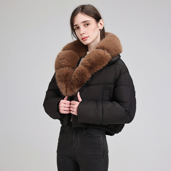 Damen nan cropped Isolationsjacke mit voluminösem Kunstpelz-Schalkragen und elastischem Saum Drune