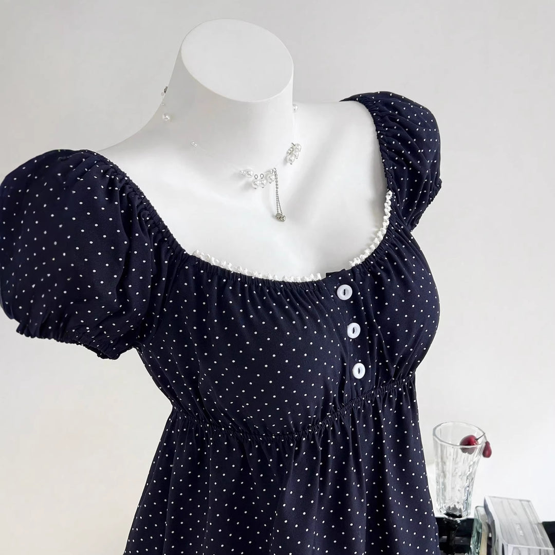 Damen Sommerkleid mit Puffärmeln und süßem Punkten Drune
