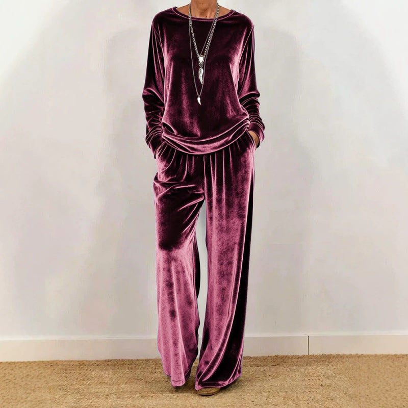 Damen Samt-Loungewear-Set mit weitem Bein, elastischem Bund und Rundhalsausschnitt Drune