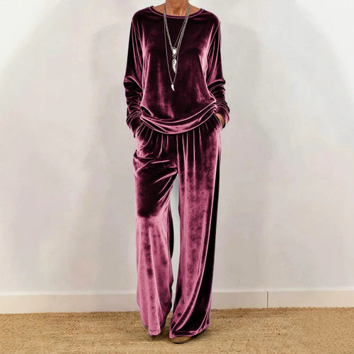 Damen Samt-Loungewear-Set mit weitem Bein, elastischem Bund und Rundhalsausschnitt Drune