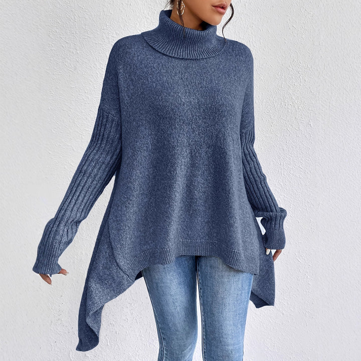Damen nan Oversize Strickpullover mit hohem Rollkragen, gerippten Ärmeln und asymmetrischem Saum Drune