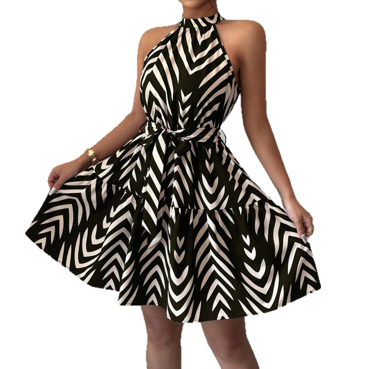 Damen Gestuftes Chiffon‑Sommerkleid mit Neckholder, Taillengürtel und grafischem Print Drune