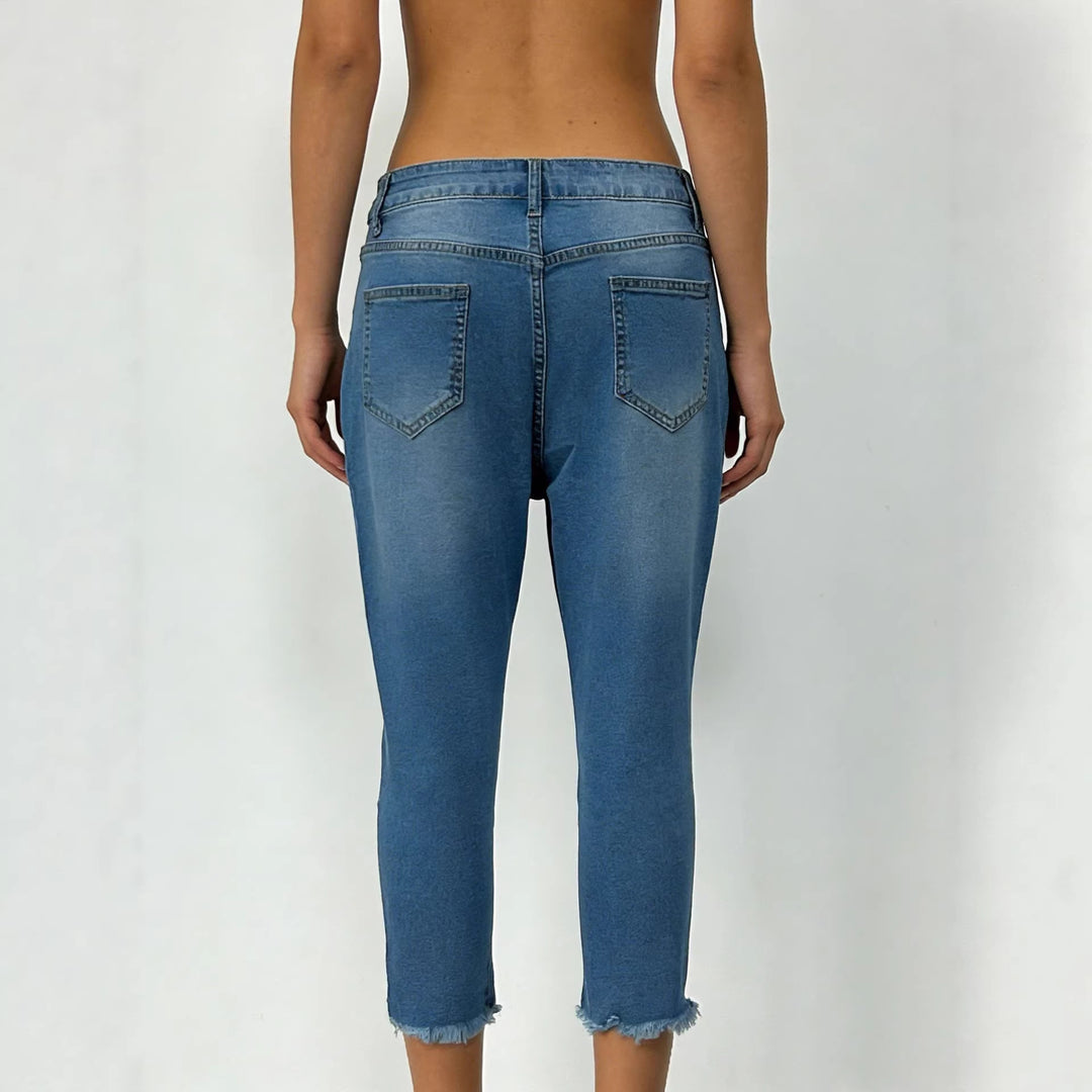 Damen nan schmale knöchellange Jeans mit rohem Fransenabschluss und mittelhoher Taille Drune