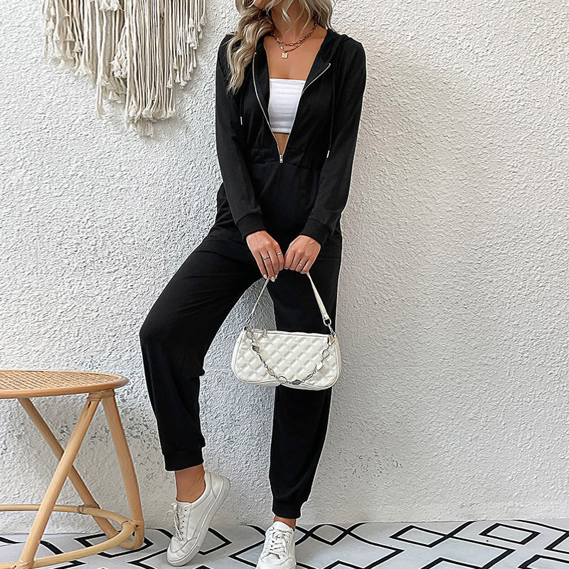 Damen Kapuzen-Jumpsuit mit Reißverschluss, elastischer Taillenpassform & Joggerbündchen Drune