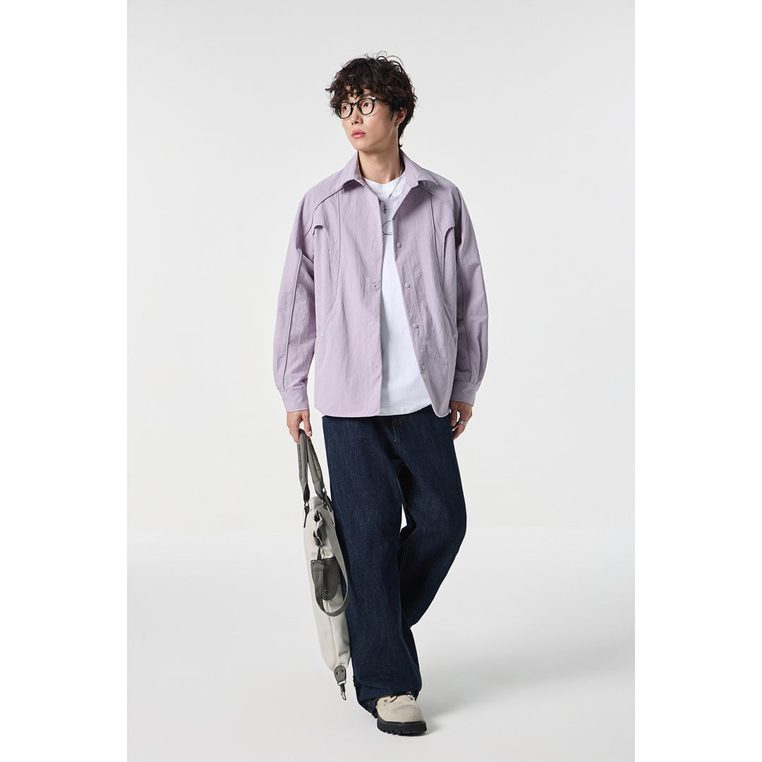 Damen Oversize-Hemdjacke mit geschwungener Teilnaht und Druckknopfleiste Drune
