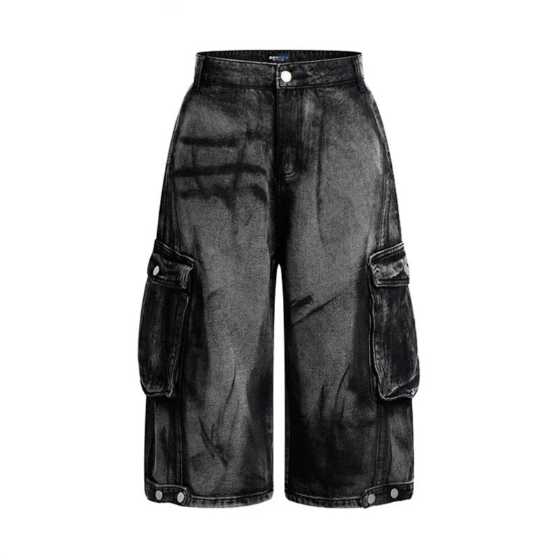 Damen High-Waist Denim-Cargo-Culotte mit weiten Beinen und aufgesetzten Taschen Drune