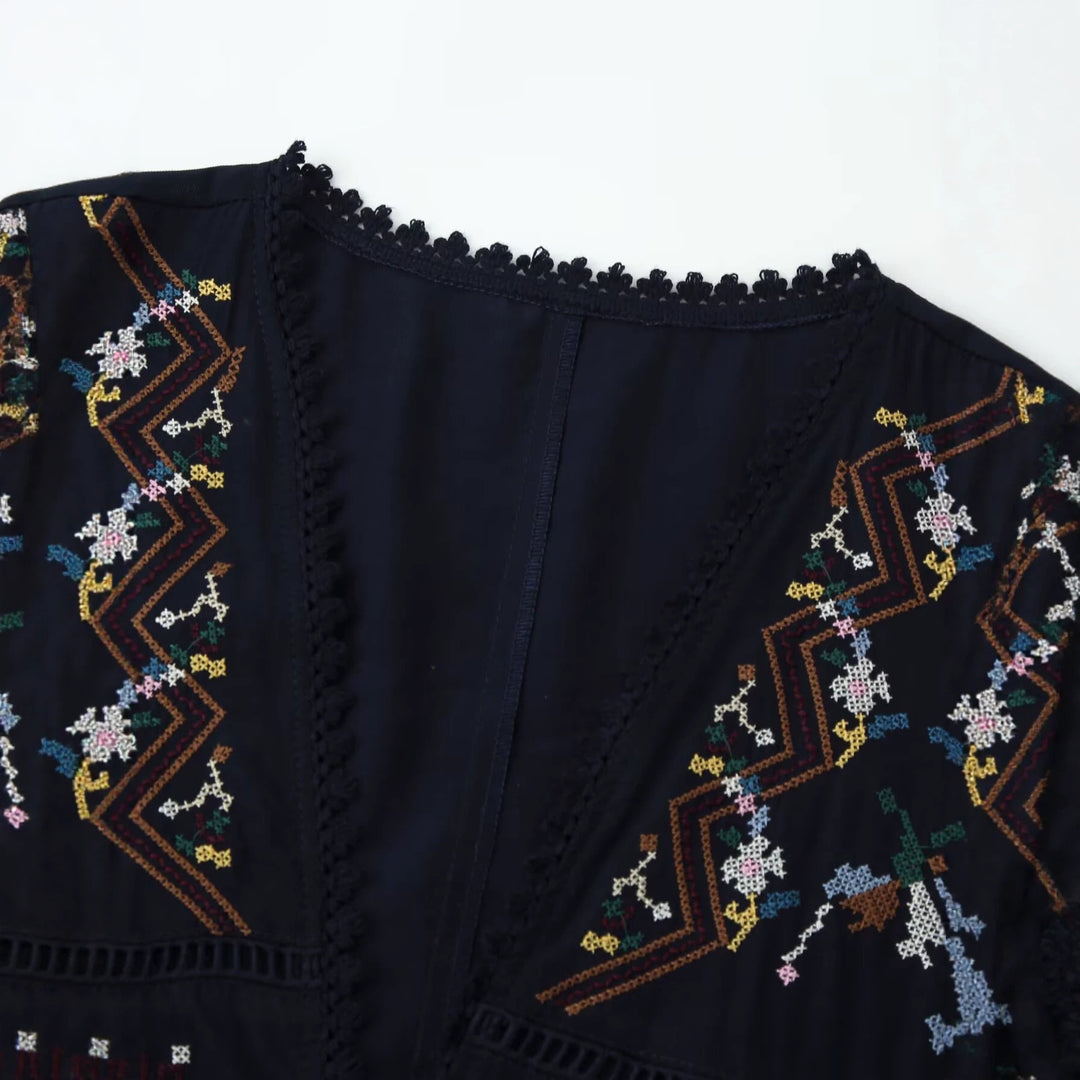 Damen Bestickte Boho-Kimono-Jacke mit Bindeband und Häkelbesatz Drune