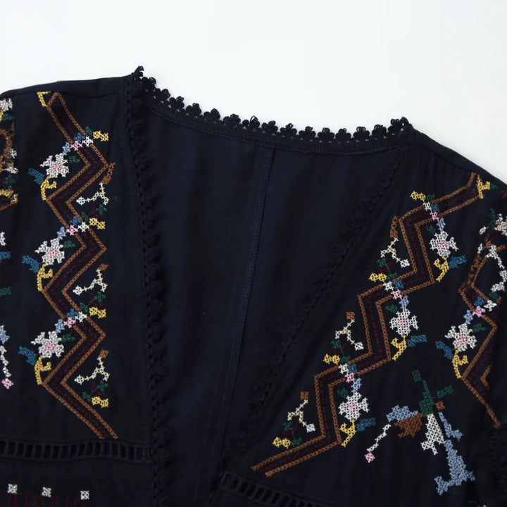 Damen Bestickte Boho-Kimono-Jacke mit Bindeband und Häkelbesatz Drune