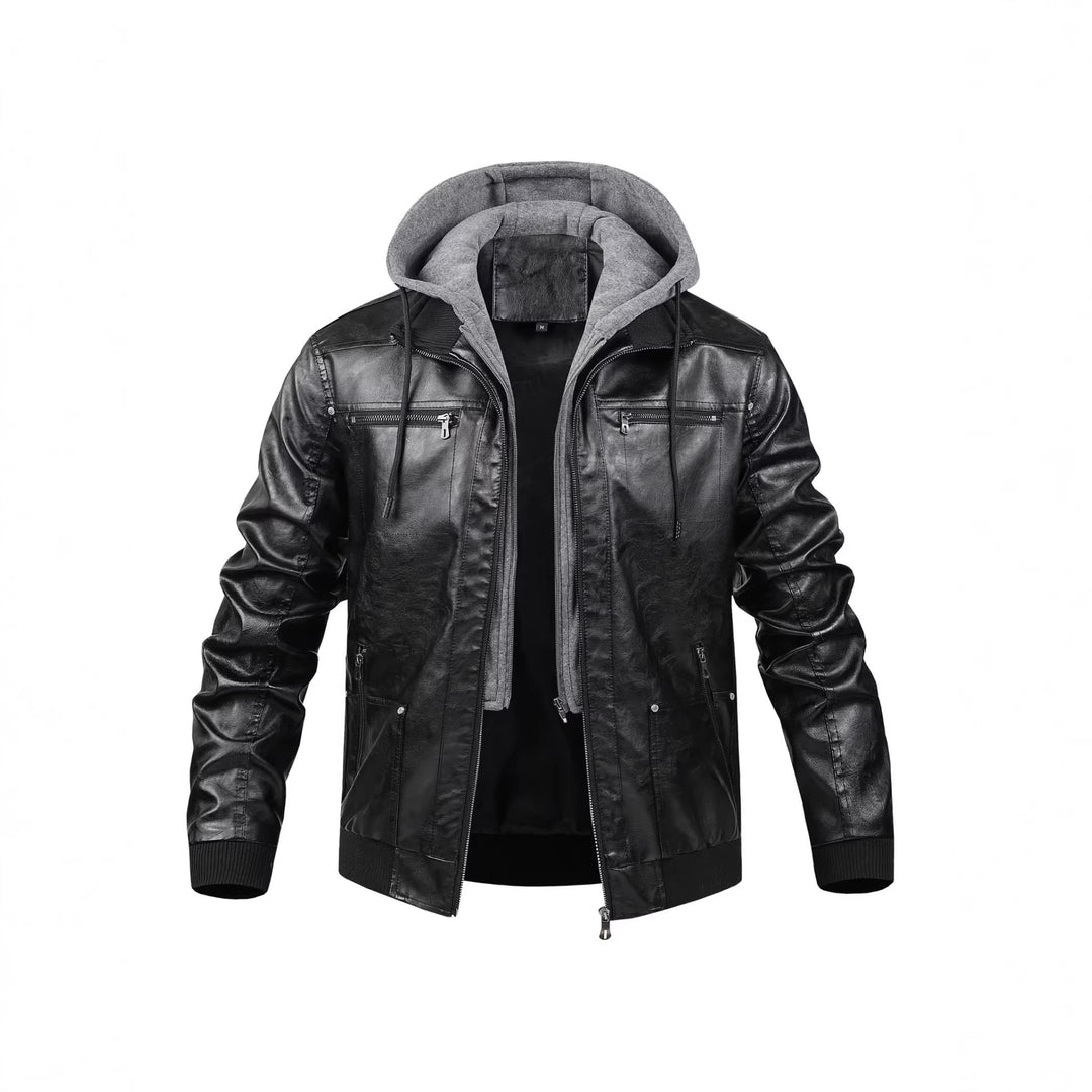 Herren Modische Kunstlederjacke mit abnehmbarer Kapuze Drune