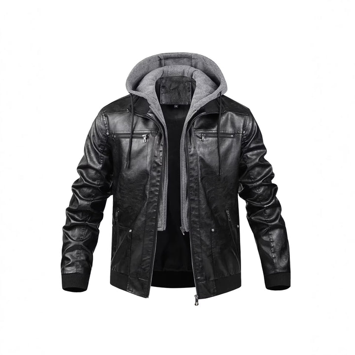 Herren Modische Kunstlederjacke mit abnehmbarer Kapuze Drune