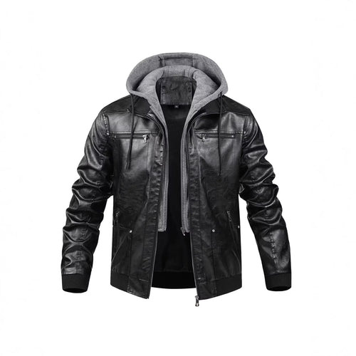 Herren Modische Kunstlederjacke mit abnehmbarer Kapuze Drune