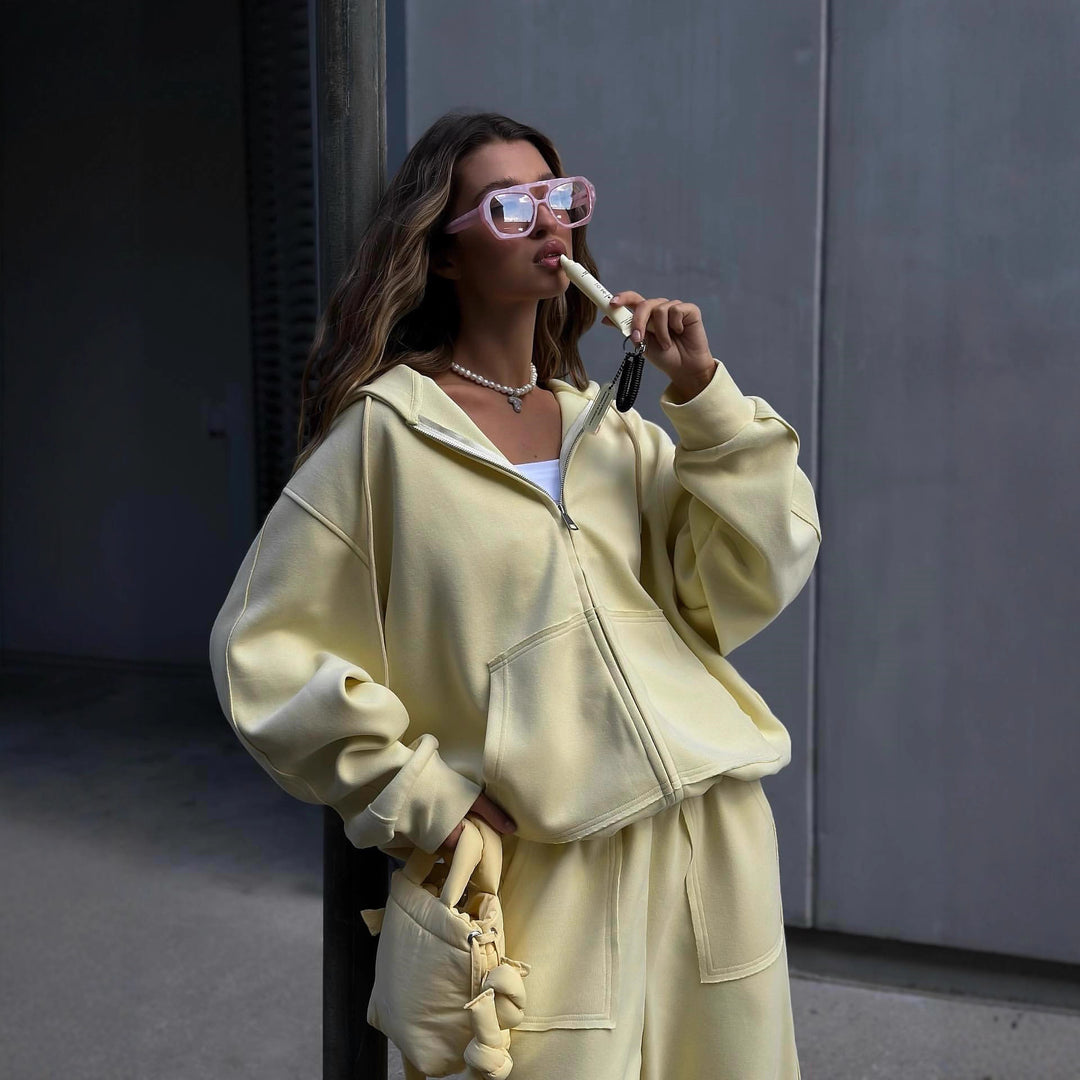 Damen oversized Kapuzenjacke mit Reißverschluss und lässiger Cargo-Loungehose Drune