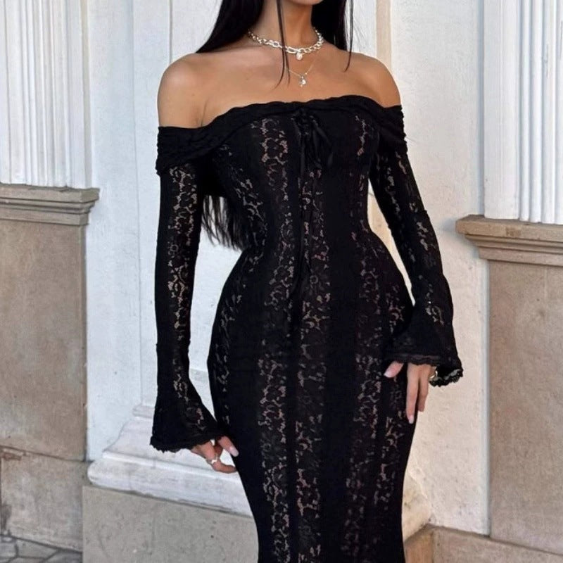 Damen Elegantes Spitzenkleid im figurbetonten Schnitt mit Off-Shoulder Design Drune