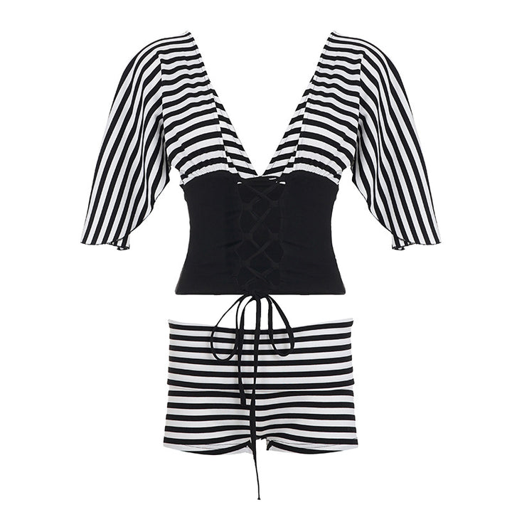 Damen Bali-inspiriertes Zweiteiliges Badeanzug-Set mit luftigen Ärmeln und dekorativem Streifenmuster Drune