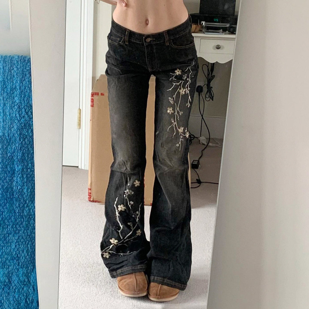 Damen Flared Jeans mit floralem Stickdesign und hohem Taillenbund Drune