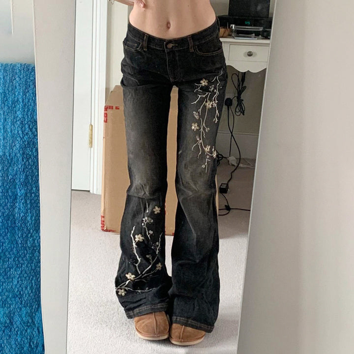 Damen Flared Jeans mit floralem Stickdesign und hohem Taillenbund Drune