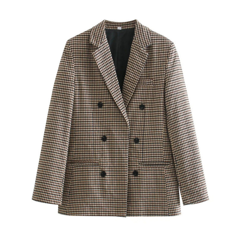 Damen kariertes Blazerjacke mit doppelter Knopfreihe und idealem Schnitt Drune