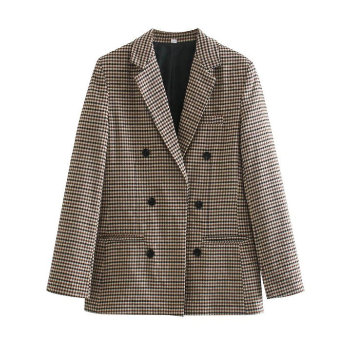 Damen kariertes Blazerjacke mit doppelter Knopfreihe und idealem Schnitt Drune