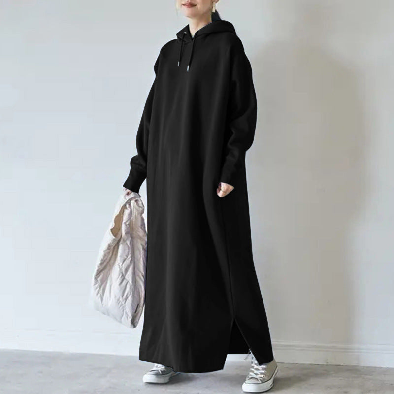 Damen nan Oversize Kapuzenmaxikleid mit geradem Schnitt und Seitenschlitz Drune