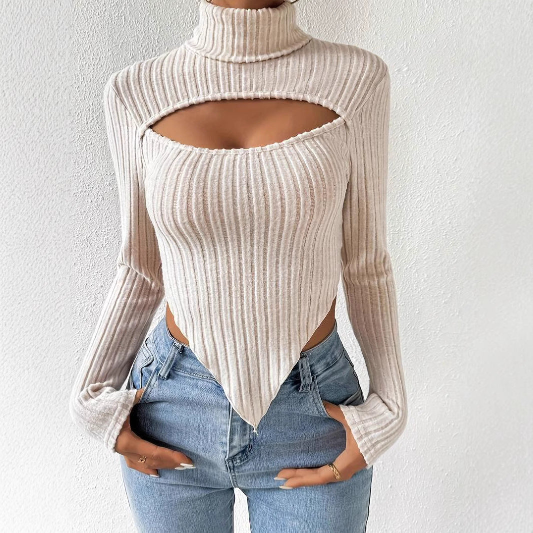 Damen geripptes Rollkragen-Top mit Cut-Out, spitz zulaufendem Zipfel-Saum und figurbetonter Stretch-Passform Drune