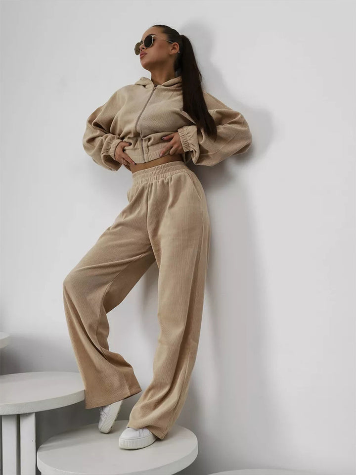 Damen Velours-Loungewear-Set mit kurzem Reißverschluss-Hoodie und weiter hochgeschnittener Palazzohose Drune