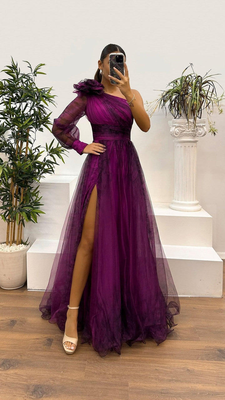 Drune | Frühling Herbst Schräg Schulter Mesh Blumenmuster Kleid Lässig Locker Festlich Kleid