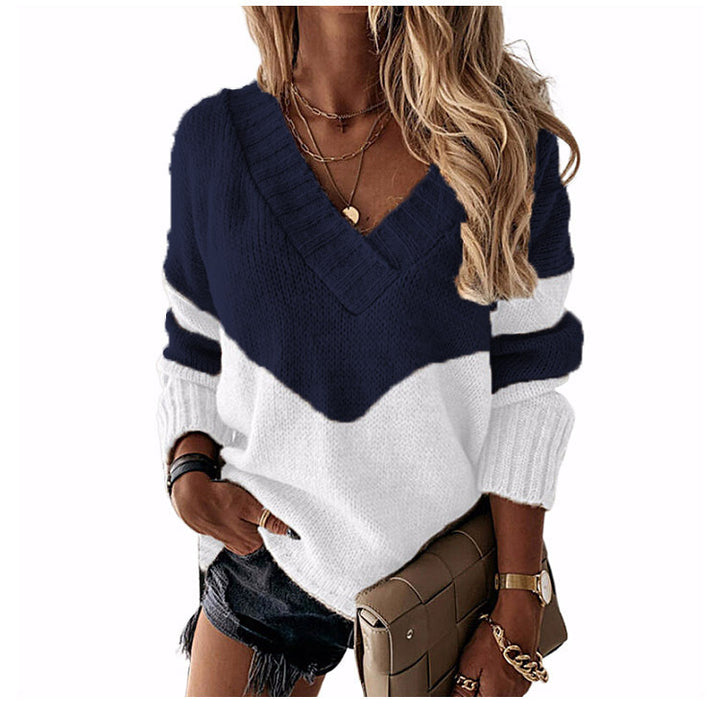 Damen nan V-Ausschnitt Strickpullover mit Chevron-Muster und Oversize-Schnitt Drune