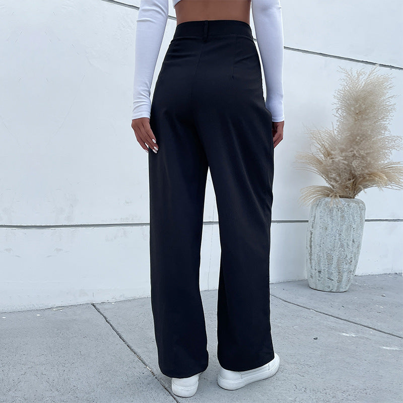 Damen Elegante Stoffhose mit hoher Taille, Bundfalten und weitem Bein Drune