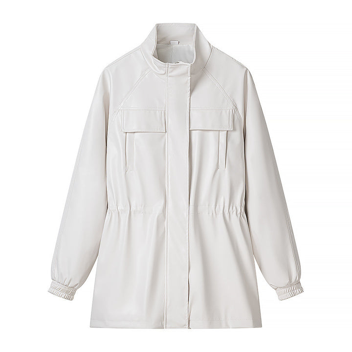 Damen Kunstleder-Parka mit Tunnelzugtaillen, Stehkragen und Pattentaschen Drune