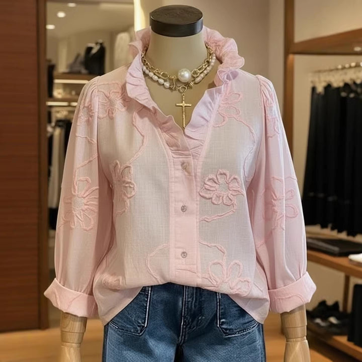 Damen elegante Bluse mit floralen Stickereien und voluminösen Ärmeln Drune