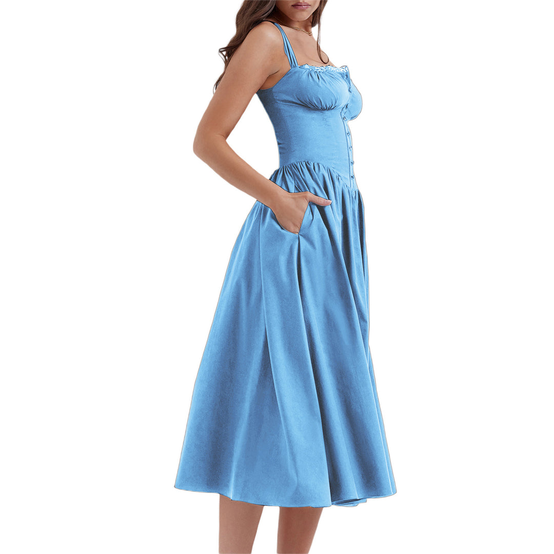 Damen Maxi-Kleid mit knöpfbarem Oberteil und schwingendem Rock Drune